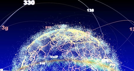 Poster - abstract globe with particles and plexus structure. Digital technology planet with continent forming. Triangulated structure. Glows and particles.