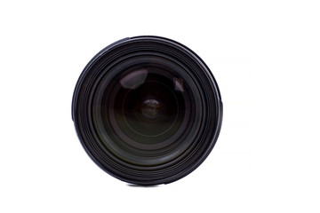 Front view of photo lens. Digital camer lens isolated on white background. Professional photography equipment.