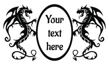 Two black tribal dragons with copy space frame on white background. Vector illustration