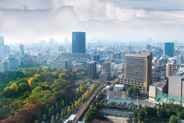 Landscape of tokyo city skyline in Aerial view with skyscraper, modern office building and blue sky with cloudy sky background in Tokyo metropolis, Japan.