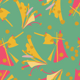 Fototapeta Miasto - Asian inspired abstract seamless repeat pattern in mineral green, golden yellow, and coral pink. Dynamic movement and flow, for fashion, textiles, gift wrapping paper, home decor and design. Vector.
