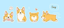 Kawaii Playful Corgi Dogs In Various Poses. Hand Drawn Colored Vector Set. Pre-made Stickers. Blue Background. All Elements Are Isolated