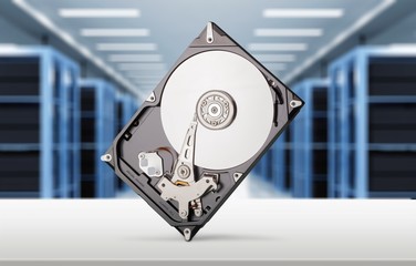 Closeup of an open computer hard drive