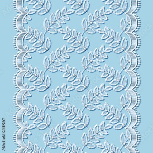 Lace seamless pattern with decortive white leaves on blue background