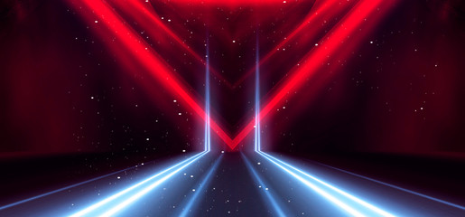 Wall Mural - tunnel neon light, underground passage. abstract red background. background black empty with neon li