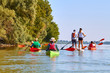 © watcherfox - Group of friends (people) travel by kayaks. Kayaking in wilderness of Danube river in summer. Peacefull nature scene of calm river. Water tourism concept.