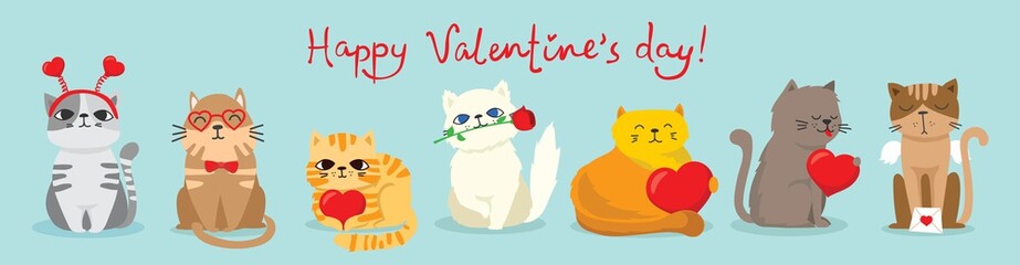 Vector illustration card with cute cartoon little Valentine cats in love and funny greeting text Happy Valentine's Day