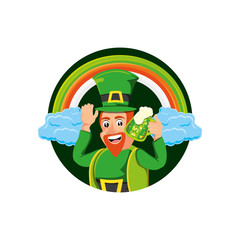  leprechaun with beer and rainbow in frame circular