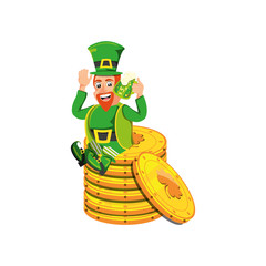 leprechaun happy with beer and coins stack