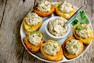 Wall Mural - Traditional Easter snack deviled eggs stuffed with tuna yolk and mayonnaise