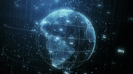 Wall Mural - beautiful earth network hologram rotating seamless with years flying in cyberspace structure around 
