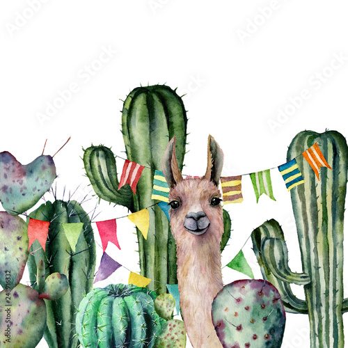 Watercolor card with llama looks out from the thickets of the cactus