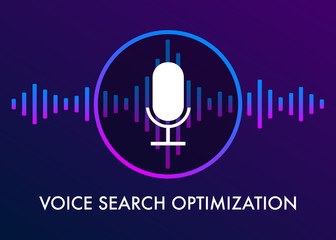 Poster - Voice search optimization flat vector illustration, banner for site and microphone icon. Search by Voice technology for marketing and sound wave on the dark gradient background