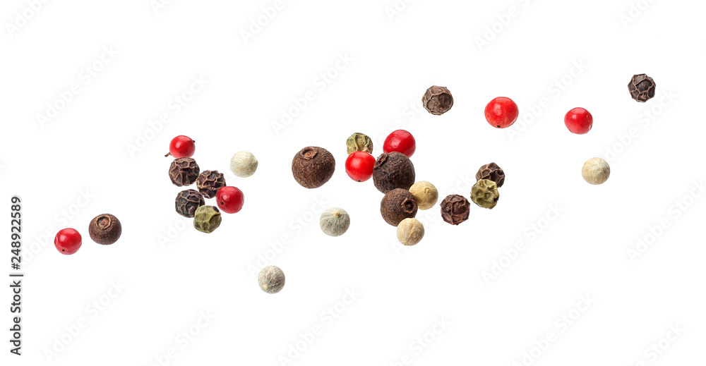 Pepper mix. Black, red, white and allspice peppercorn seeds isolated on white background - obrazy, fototapety, plakaty 