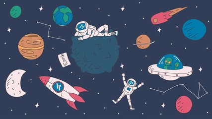 cute space exploration doodles. space elements: stars, rockets, astronauts, planets etc. vector illu