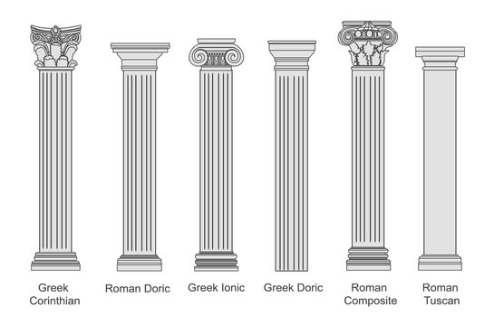 Wall Mural - Ancient pillars set isolated on white background. Different architecture pillars with stone effect. Classical columns vector set.