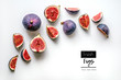 Fresh figs.Food Photo. Creative diagram of a whole and sliced ​​figs on a white background with space for text. View from above. Copy space