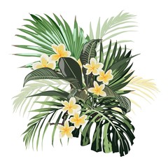 Wall Mural - Composition with yellow plumeria flowers branch and many kind of exotic plants and palm leaves. Hand draw watercolor style illustration.