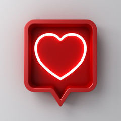 3d social media notification neon like heart icon in red rounded square pin isolated on white wall background with shadow 3D rendering