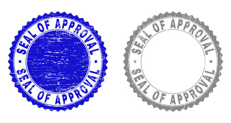 Grunge SEAL OF APPROVAL stamp seals isolated on a white background. Rosette seals with grunge texture in blue and gray colors.