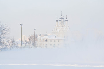 Wall Mural - church and trees in snow in winter