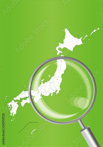 日本地図 緑 虫眼鏡と関東 東北地方 中部地方の地図 日本列島