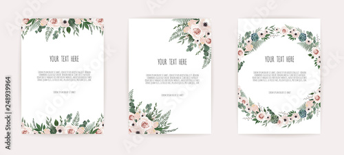 Set of card with leaves and geometrical frame. Floral poster, invite.
