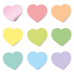 Heart post collection. Sticky notes, heart shaped, different colors. Isolated vector illustration on white background.