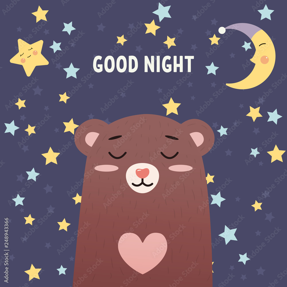 Illustration with happy bear, moon, stars and lettering. Colorful cute  background vector. Good night, poster design. Good night and sweet dreams  Stock Vector | Adobe Stock, image size:1000x1000