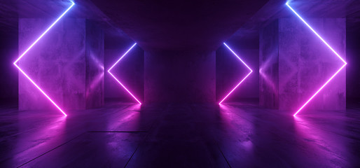 Sci Fi Arrows Shaped Neon Cyber Futuristic Modern Retro Alien Dance Club Glowing Purple Pink Blue Lights In Dark Empty Grunge Concrete Reflective Room Corridor Background 3D Rendering