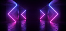 Sci Fi Arrows Shaped Neon Cyber Futuristic Modern Retro Alien Dance Club Glowing Purple Pink Blue Lights In Dark Empty Grunge Concrete Reflective Room Corridor Background 3D Rendering