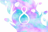 Fototapeta Tulipany - International Women's Day. Floral background with white and purple tulips. 8 March  