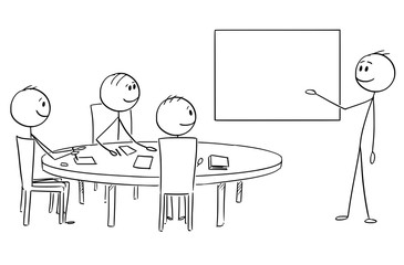 Wall Mural - Cartoon stick figure drawing conceptual illustration of businessman presenting success on empty table on business or work meeting.