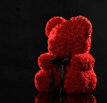 Red Bear Of Roses Present Gift For Valentines Day Or Woman Birthday On Dark