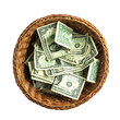 © Rosemarie Mosteller - brown wicker donation basket filled with US one and five doallar bills isolated on a white background