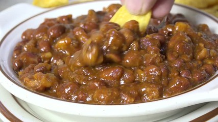 Poster - Dunking a corn chip into a bowl of hot chili