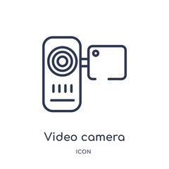 video camera front view icon from technology outline collection. Thin line video camera front view icon isolated on white background.