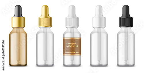 Download Realistic Dropper Glass Bottle Set Cosmetic Blank Vials For Liquid Drug Transparent Bottles Template With Colorful Glossy And Matt Cap 3d Vector Mockup Package Isolated On White Background Stock Vector Adobe