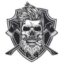 Monochrome Vector Illustration Of A Lumberjack Skull With Axes On A Background, In Vintage Style. T-shirt Or Sticker Design
