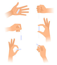 A Young Woman Holds A Clean Cotton Tampon. The Menstruation, Menses And Monthlies Vector Element Set Isolated On White Background. Flat Illustration Of Female Hands Holding A Woman's Higienic Tampons.