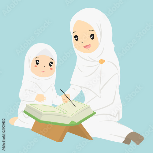 Muslim girl learning to read Quran. a mother teaching her daughter to