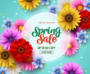 Wall Mural - Spring sale vector banner template with colorful flowers elements like chrysanthemum and daisy in the background and spring season discount promotional text in white frame.