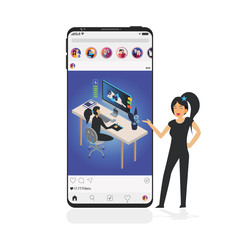 New Mock up of social network with girl at work on Smartphone, mobile realistic style. Flat design Photo frame vector illustration en white background. Style Colour and profile. EPS 10