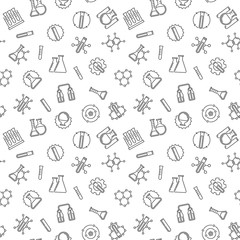 Wall Mural - Seamless pattern with flask, test-tubes, chemistry outline symbols. Vector background