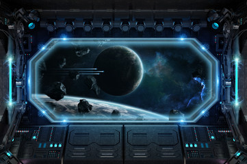 Poster - Dark spaceship interior with large window view 3D rendering