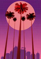 Wall Mural - Summer beatiful sunset backgrounds with palms trees cityscape, sky horison dots pattern. Vector illustration, isolated, template, baner, card, poster