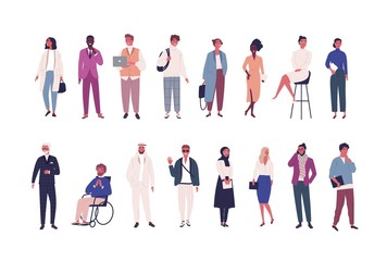 Poster - Collection of business people, entrepreneurs or male and female office workers of various ethnicity and age isolated on white background. Multinational company set. Flat cartoon vector illustration.