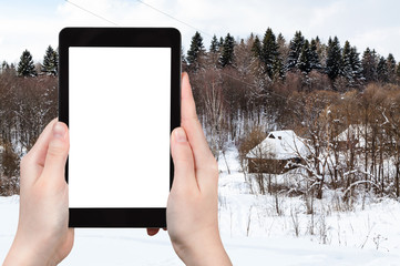 Poster - rural houses at the edge of forest in winter