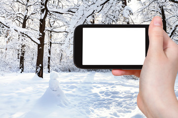 Poster - snowman on snow-covered meadow in oak grove