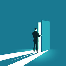 Businessman Opens The Door. Symbol Of New Career, Opportunities, Business Ventures And Challenges. Business Concept. Vector Illustration